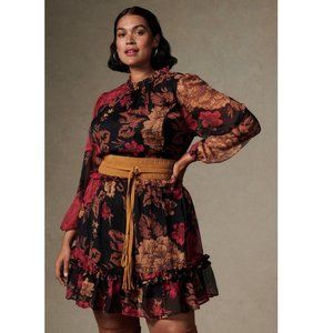 NEW Anthropologie Porridge Puff-Sleeved Floral Mini Dress Open Back Black Pink